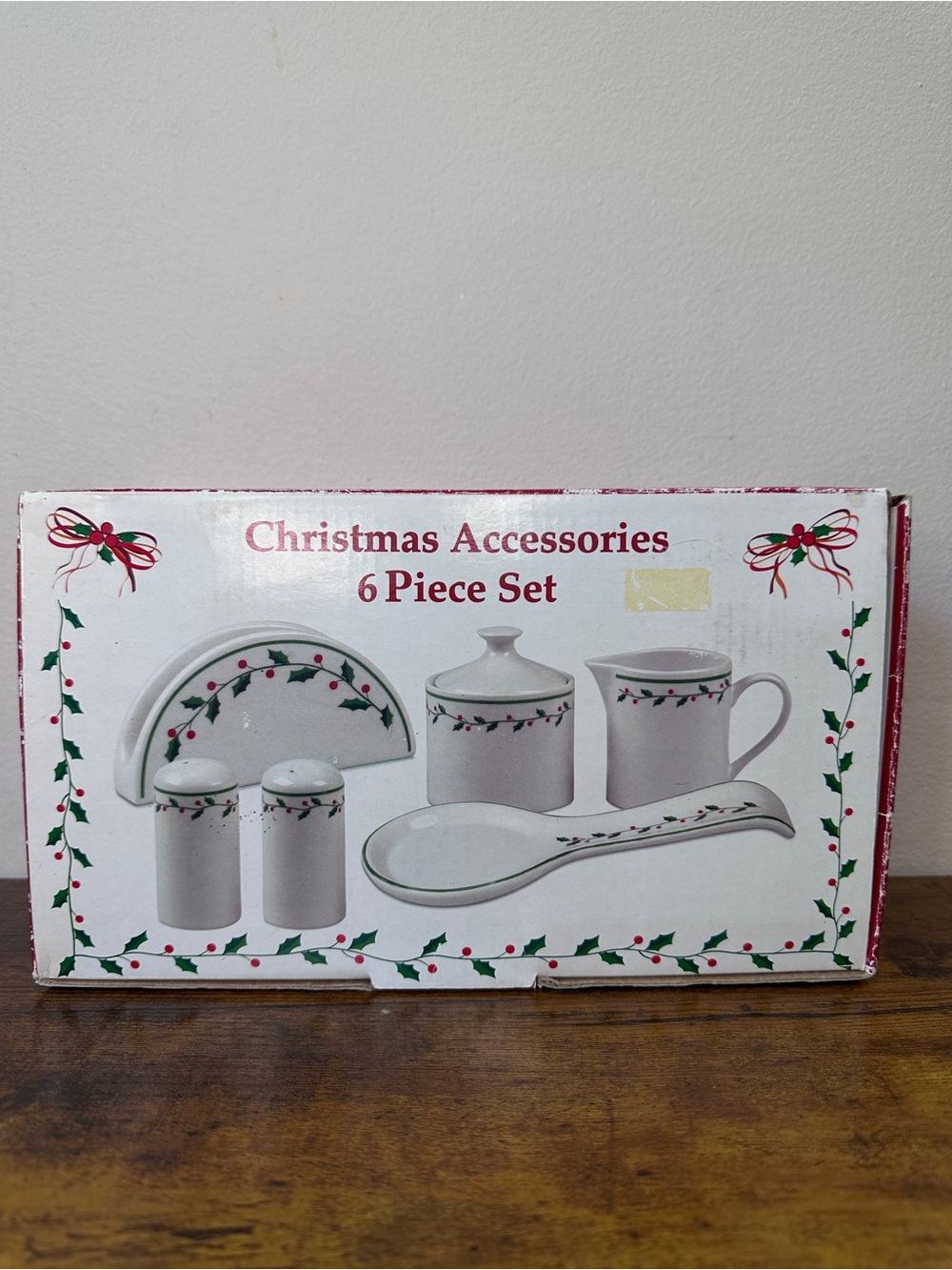 Vintage Christmas Accessories 6 Piece Tabletop Set Ceramic Holly Berry